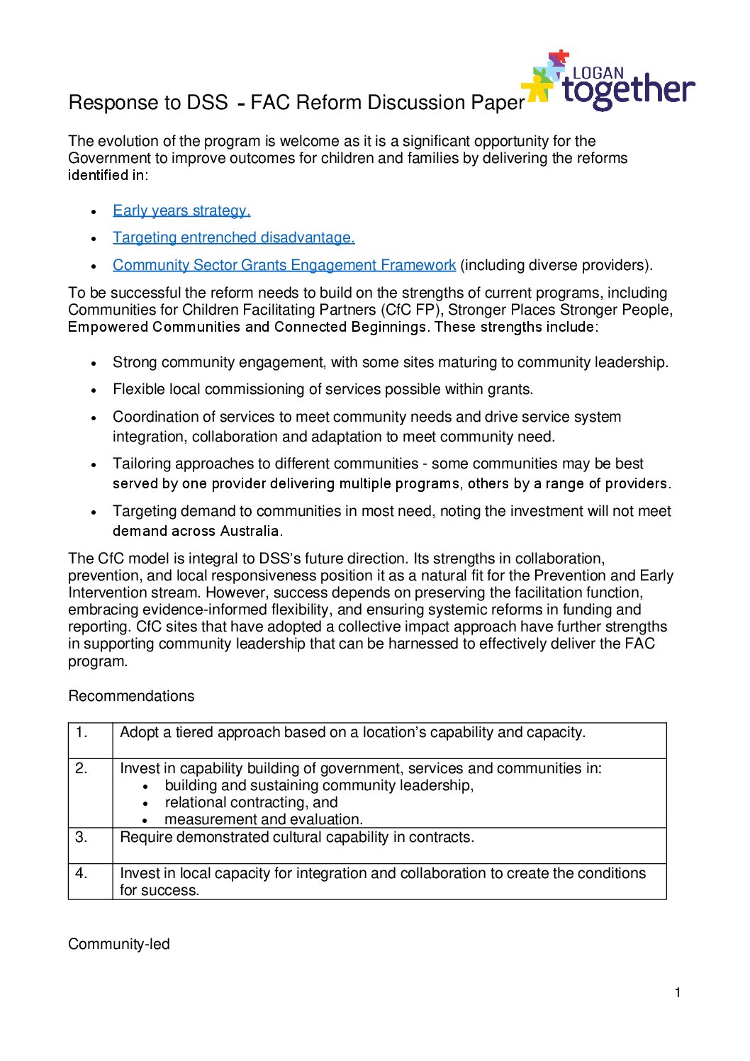 Response to the Families and Children Activity Reform Discussion Paper.
