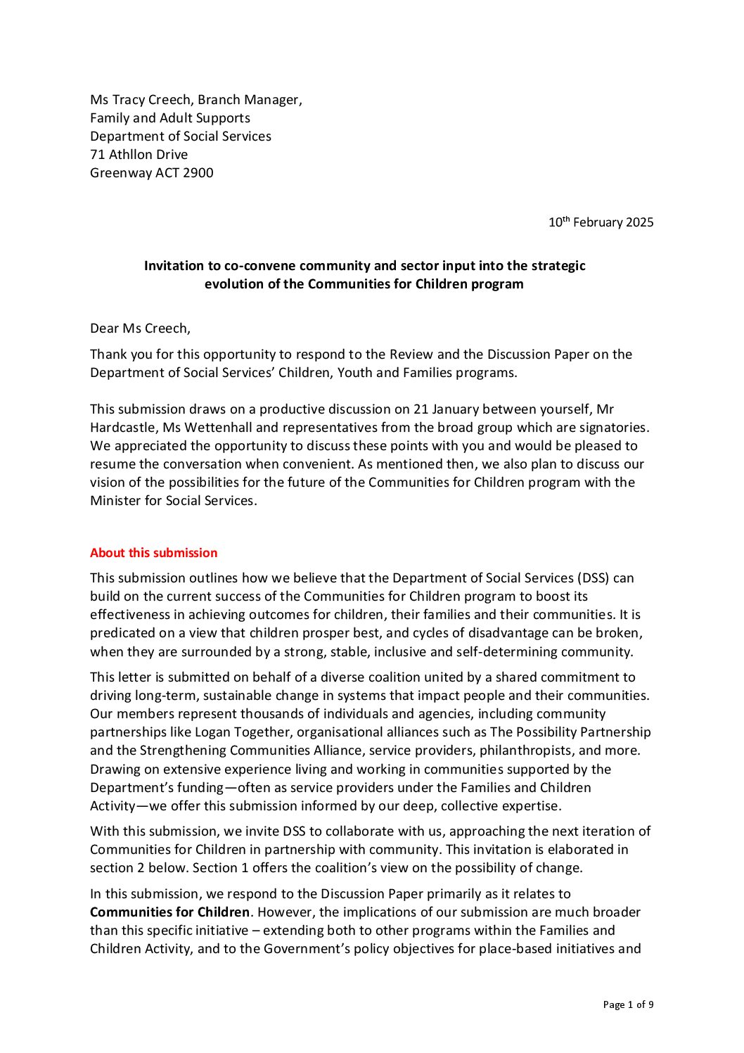 Response to the Children, Youth and Families Program Review and Discussion Paper